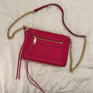 Rebecca Minkoff Mini MAC Crossbody in Hot Pink Saffiano Leather with Gold Chain